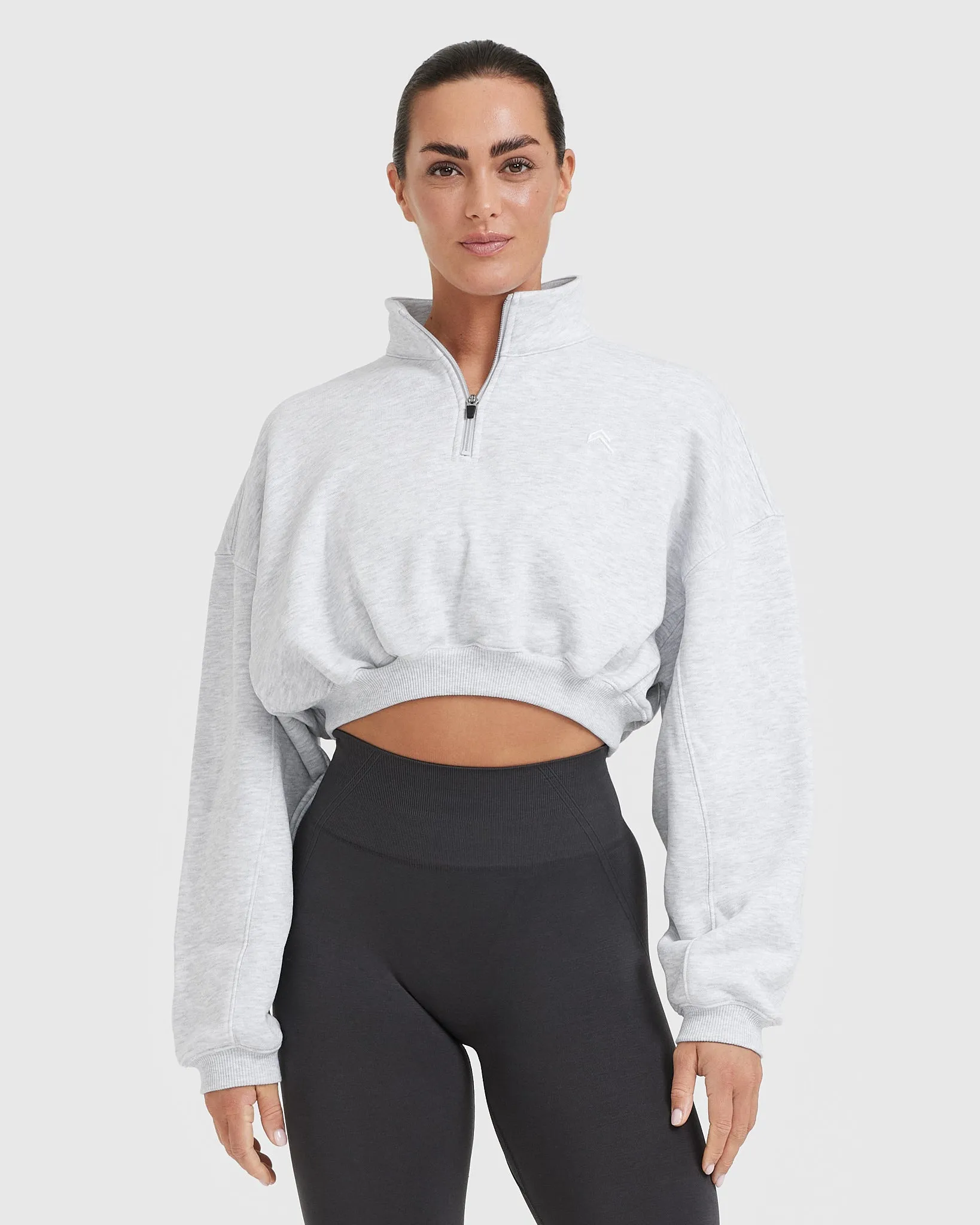 All Day Cosy Crop 1/4 Zip Sweatshirt | Light Grey Marl