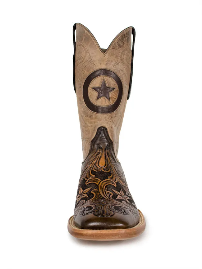 Black Jack Hand Tooled Dark Brown Star Inlay Cowboy Boots