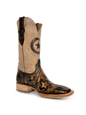 Black Jack Hand Tooled Dark Brown Star Inlay Cowboy Boots