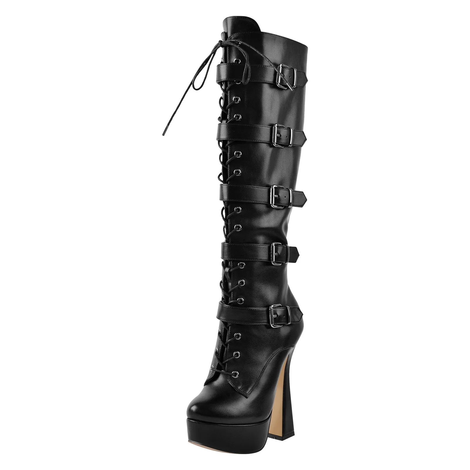 Black Round Toe Platform Belt Lace Zipper High Heel Boots