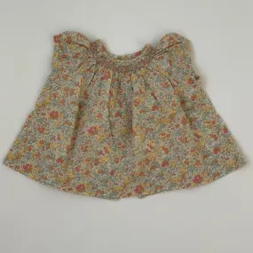 Bonpoint Yellow Tone Liberty Print Short Sleeve Smocked Blouse: 6 Months