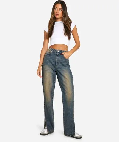 boohoo Womens Tall Basics Split Hem Straight Leg Jeans