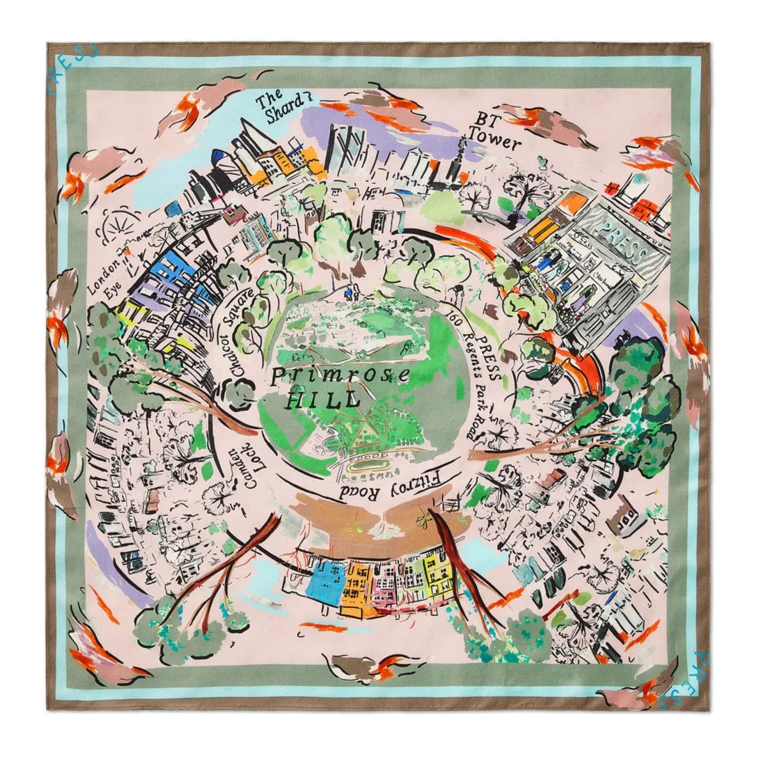 Bright Cityscape of Primrose Hill silk twill square scarf