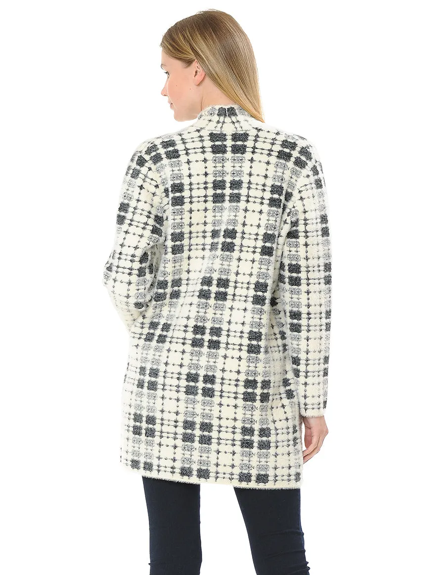 Checkered Fuzzy Cardigan W' Pockets