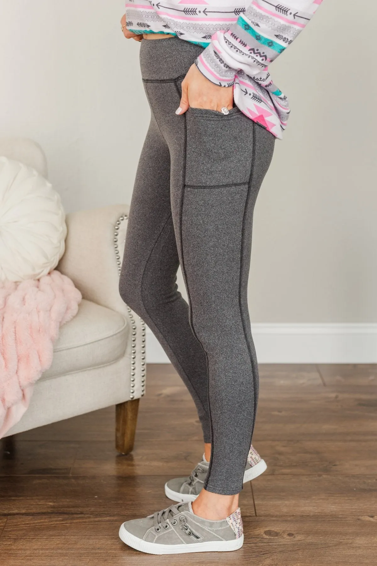 Every Step Of The Way Thick Fleece Leggings- Charcoal