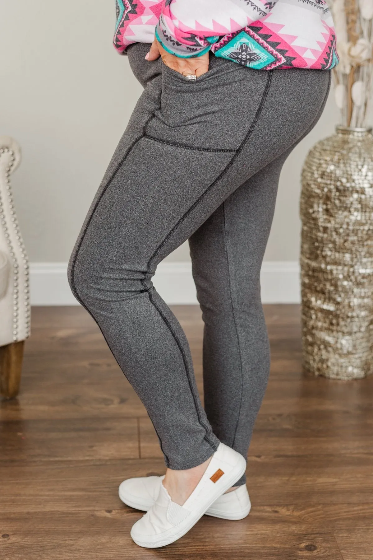 Every Step Of The Way Thick Fleece Leggings- Charcoal