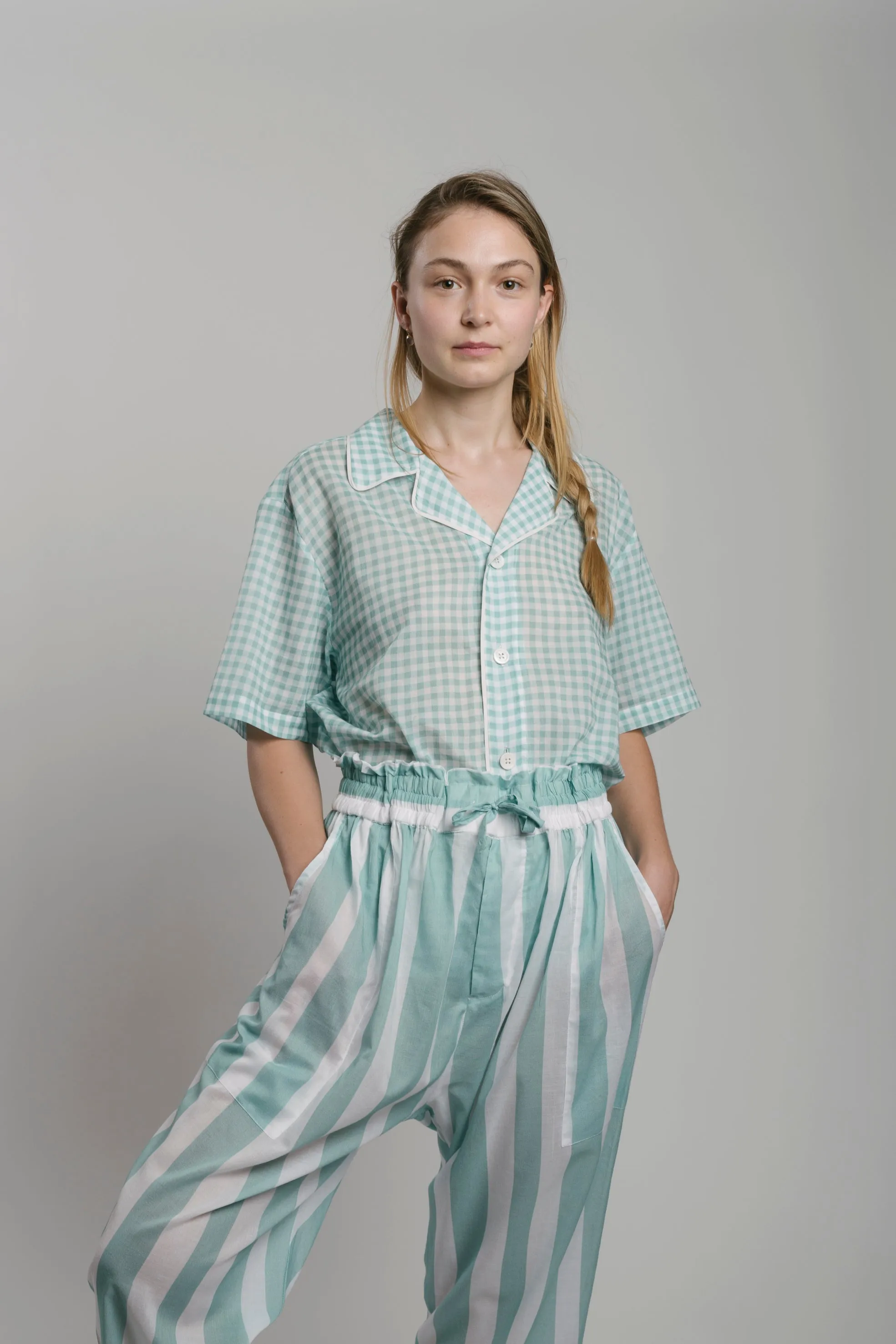 FLOWY-TROUSERS AQUA-White 100% COTTON Voile Broad-Stripes digital-print