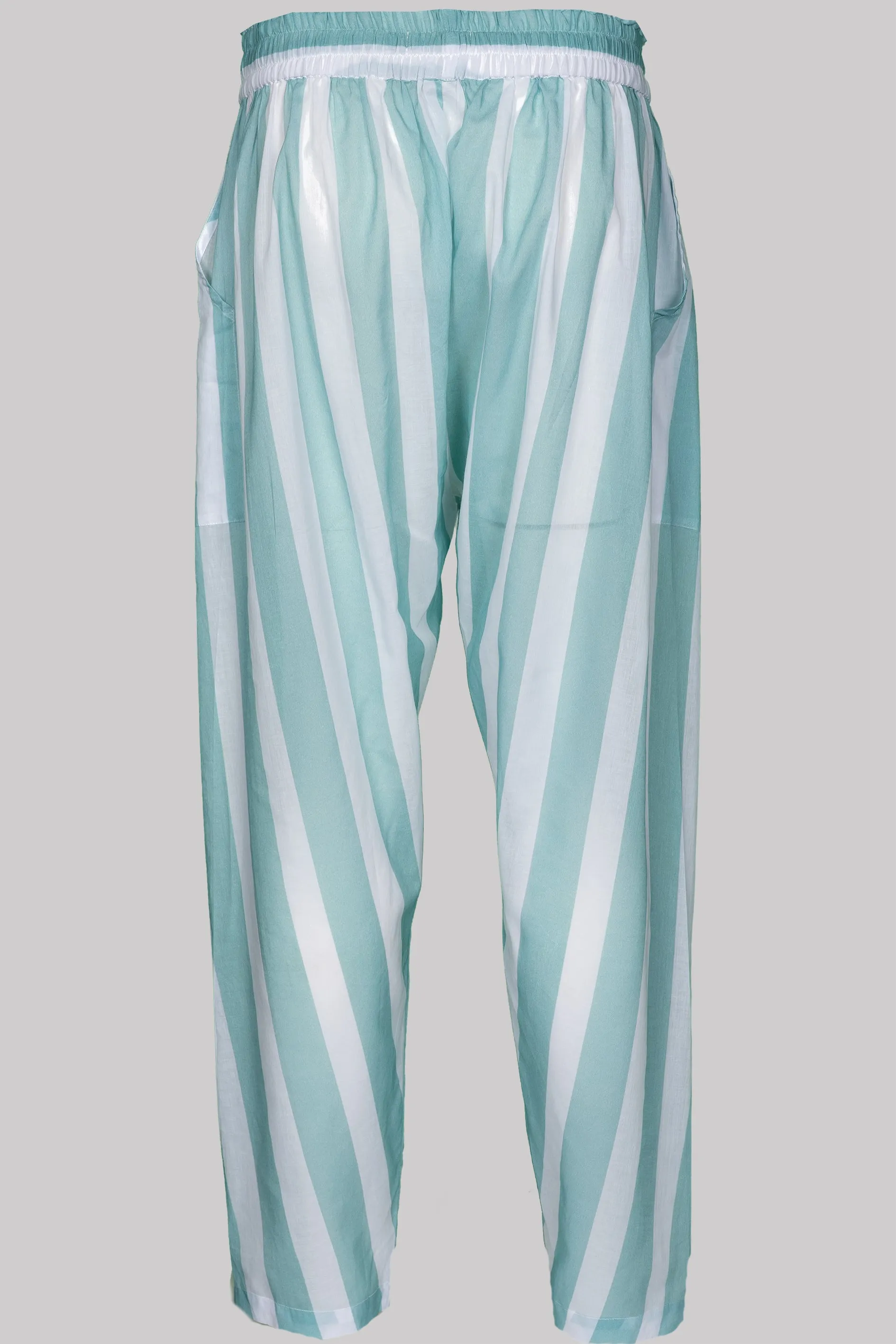 FLOWY-TROUSERS AQUA-White 100% COTTON Voile Broad-Stripes digital-print