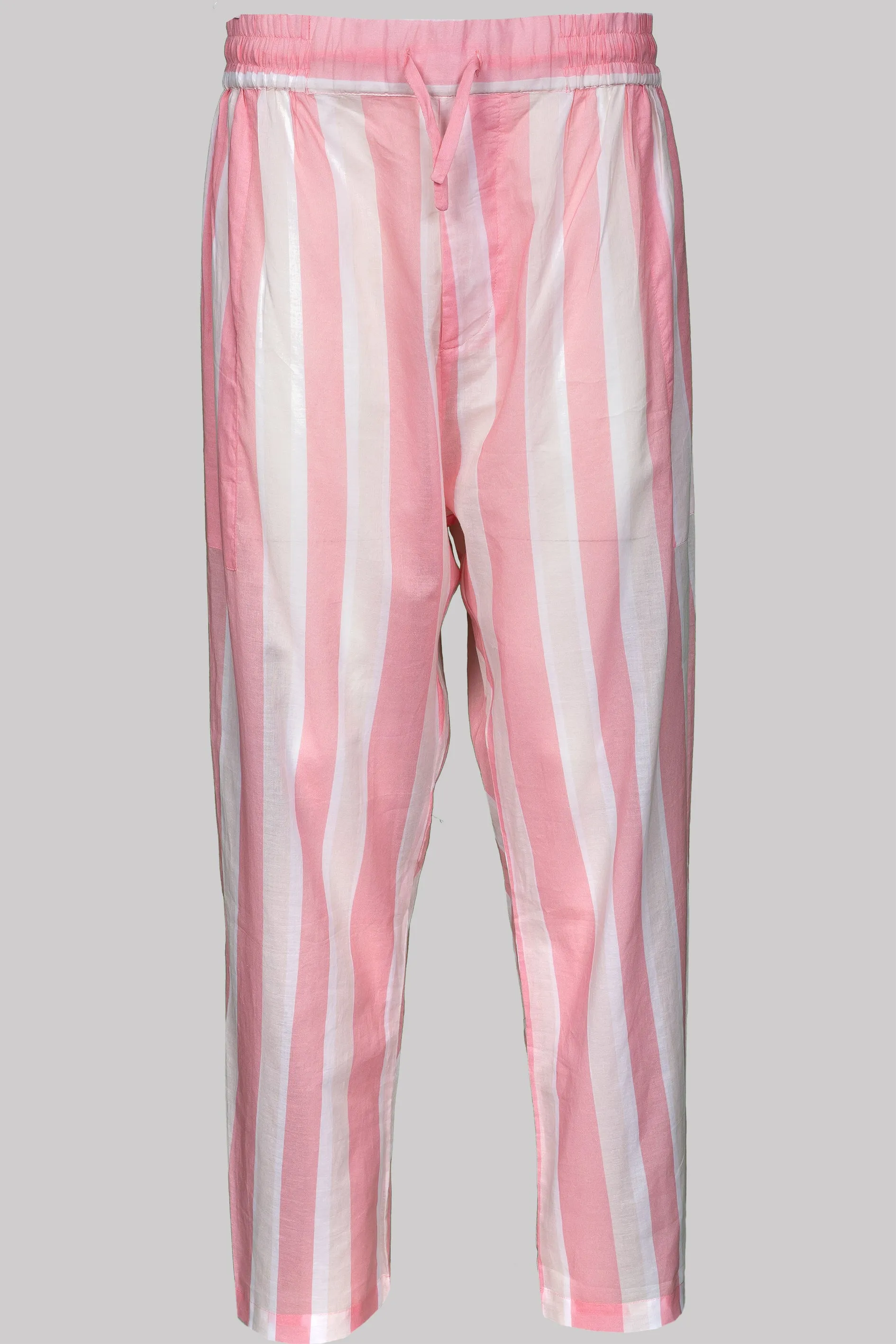 FLOWY-TROUSERS PINK-White 100% COTTON Voile Broad-Stripes digital-print