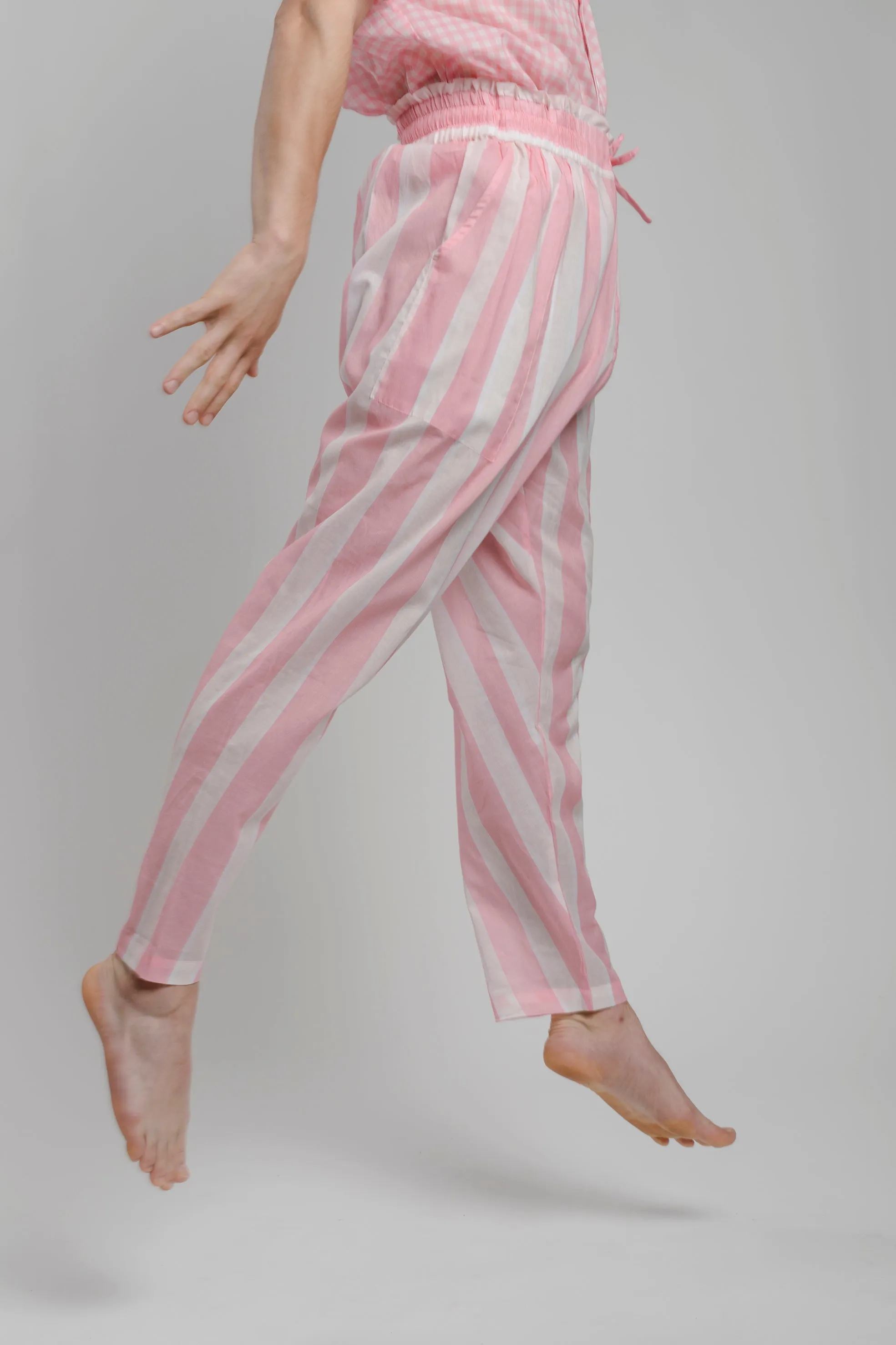 FLOWY-TROUSERS PINK-White 100% COTTON Voile Broad-Stripes digital-print