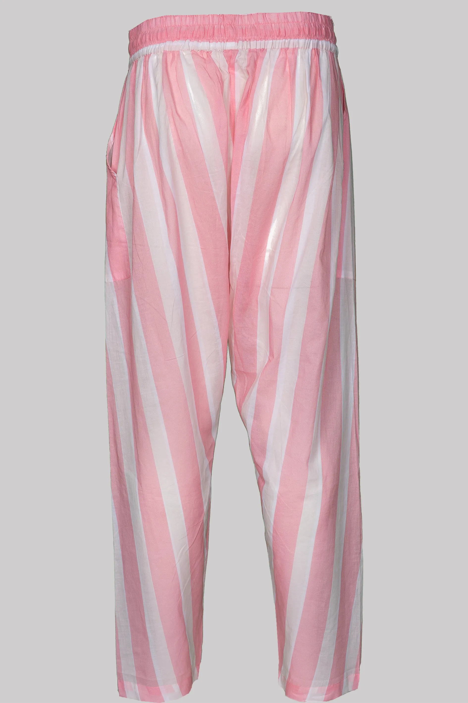 FLOWY-TROUSERS PINK-White 100% COTTON Voile Broad-Stripes digital-print