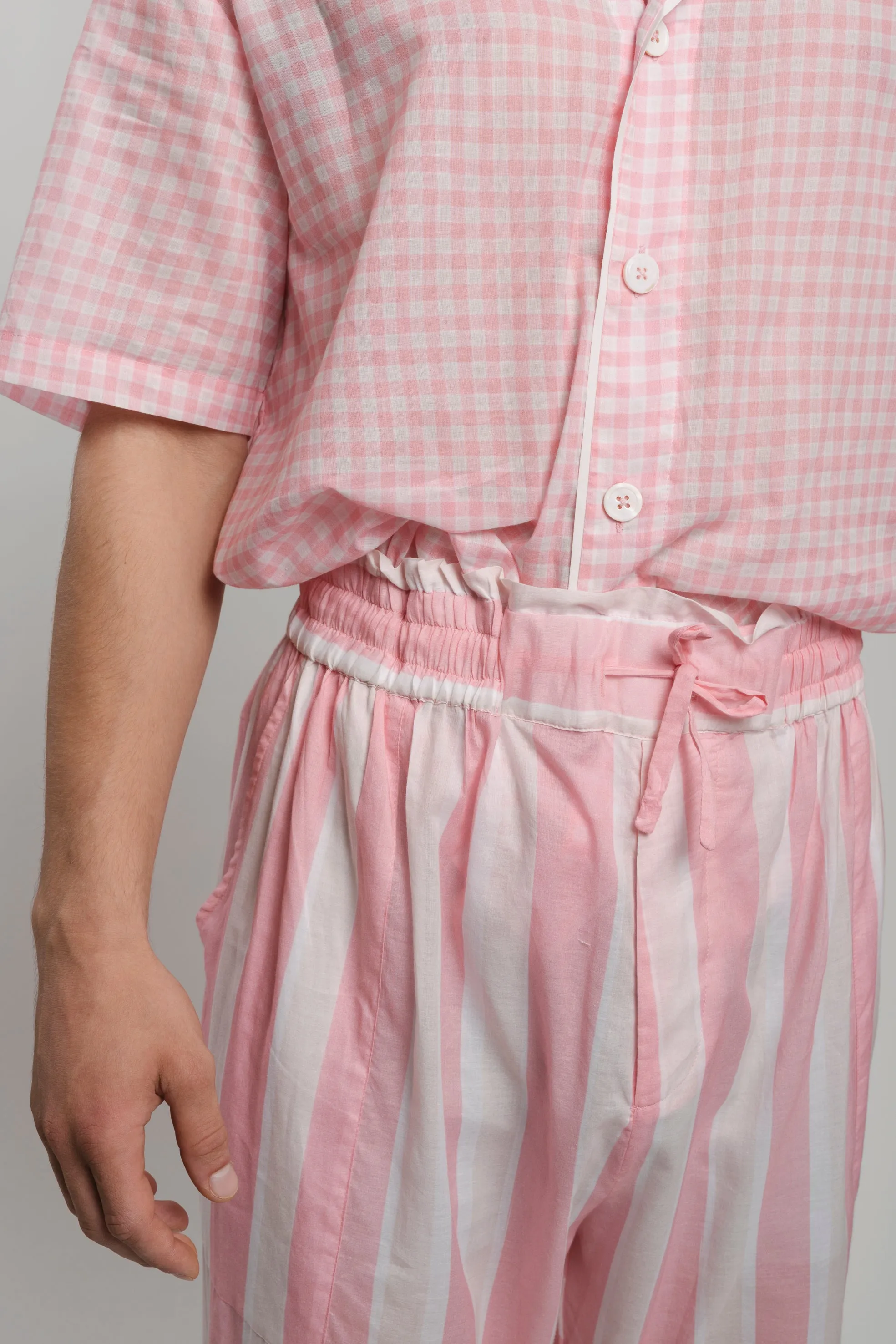 FLOWY-TROUSERS PINK-White 100% COTTON Voile Broad-Stripes digital-print