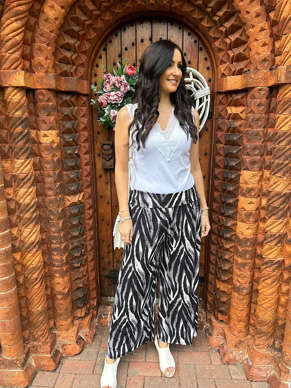 Grey Animal Print Wide Leg Trousers