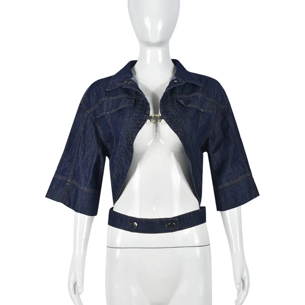 Koko Cut Out Turn-Down Collar Denim Top