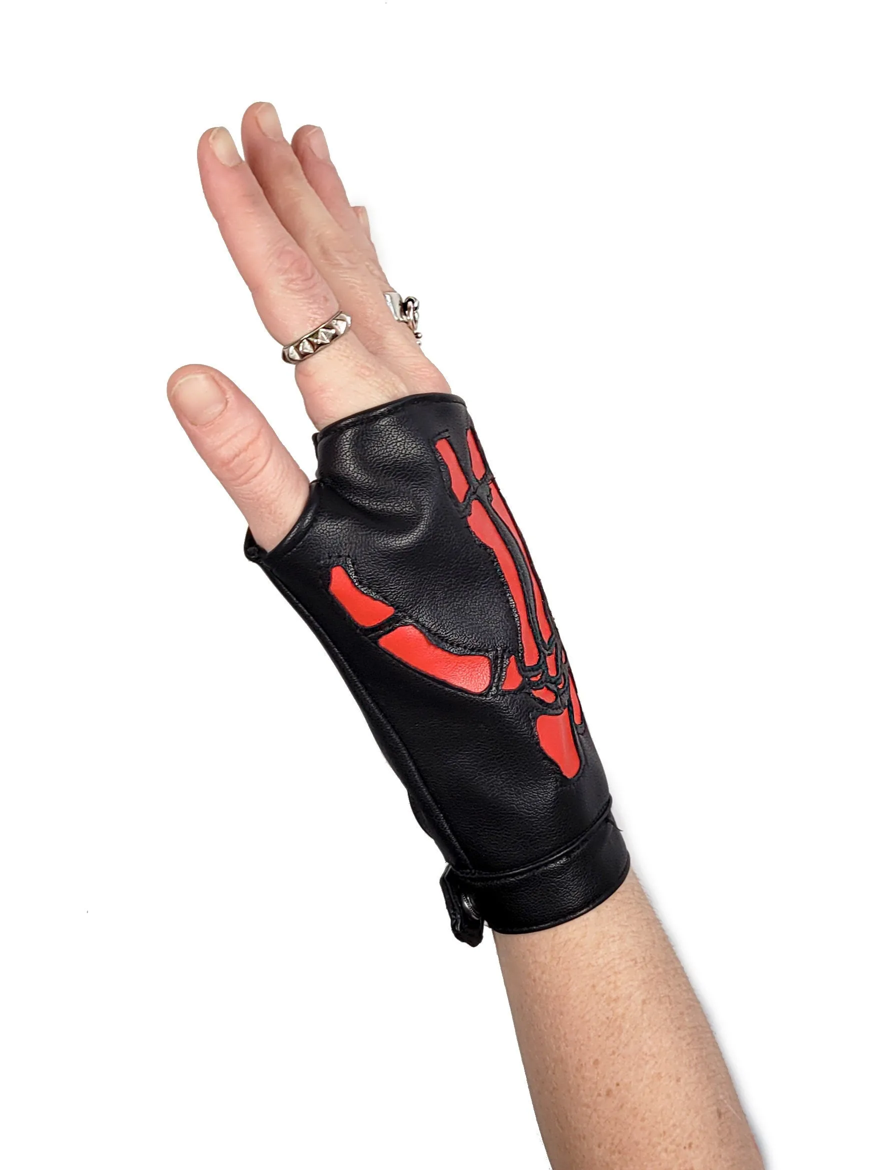 Laser cut skeleton hand glove | red black vegan leather