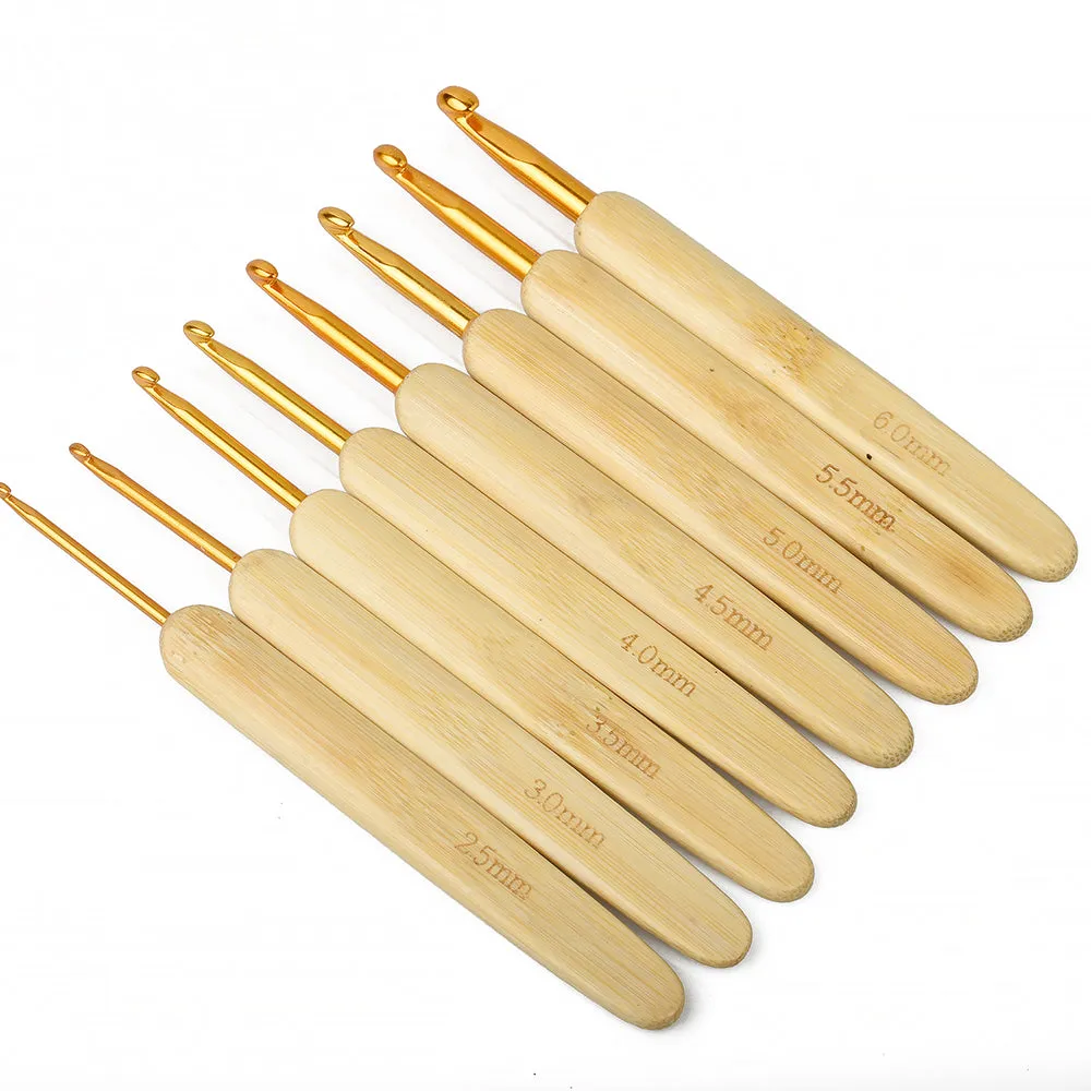 Length 135mm Crochet Hook Set Aluminium Head with Bamboo Handle Sewing Needles Set of 8 Sizes 10316550