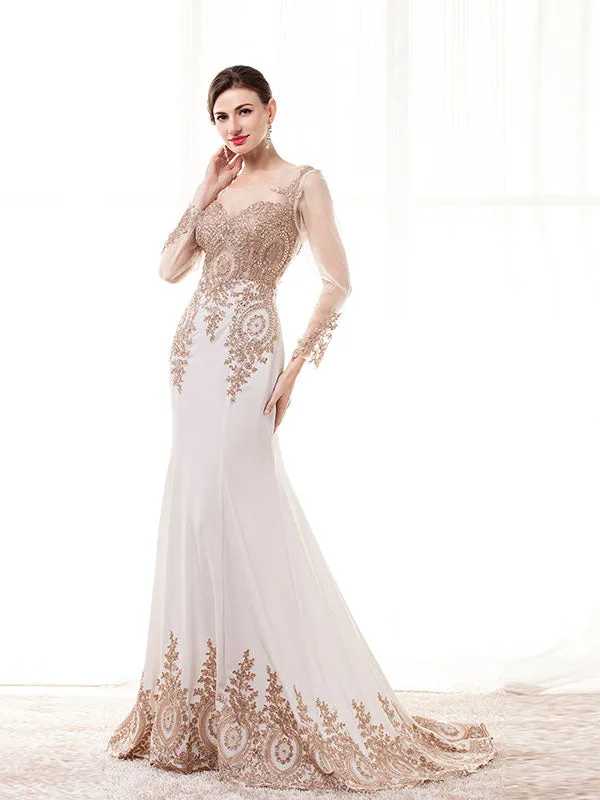 Long Sleeves Gold Lace Formal Evening Dress