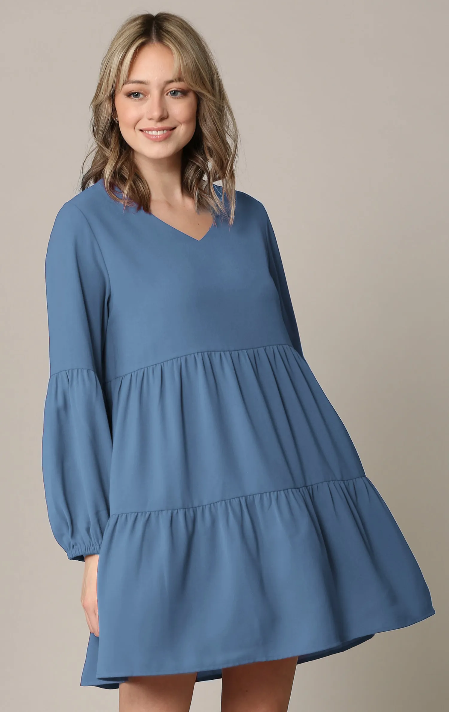 Made By Johnny Casual Flowy Swing Shift Long Sleeve Tiered Dress