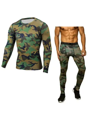 Men Activewear 2-Piece Set Printed Long Sleeves Jewel Neck Hunter Green Activewear Outfit