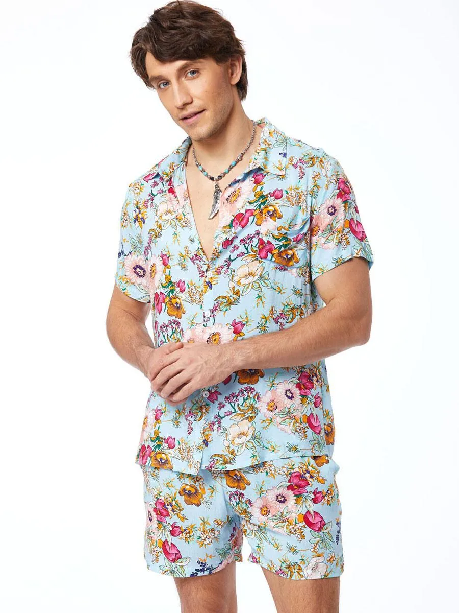 Men's Activewear 2-Piece Printed Short Sleeves Turndown Collar Light Sky Blue