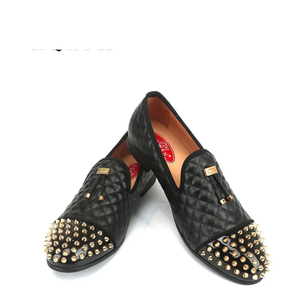 Men's Autumn Solid Pattern Gold Rivet Tassels Slip-On Casual Loafers