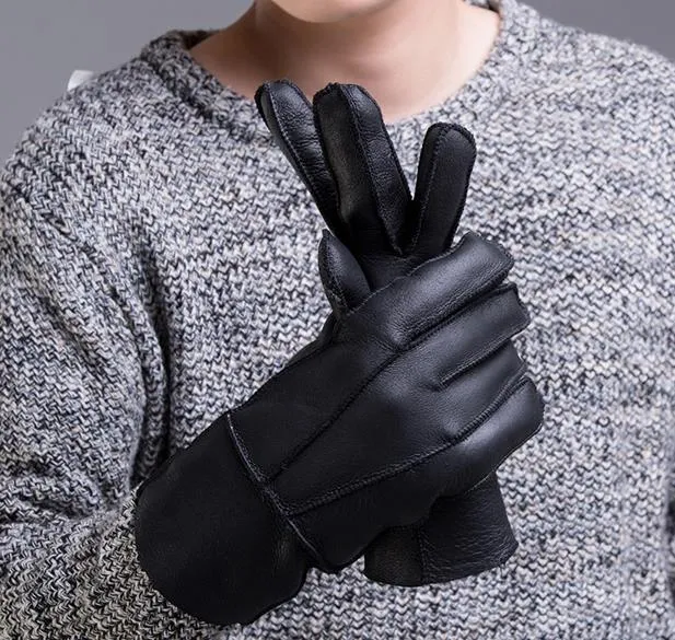 Men's Winter Black Genuine Leather Solid Pattern Glove Mitten