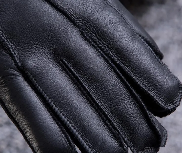 Men's Winter Black Genuine Leather Solid Pattern Glove Mitten