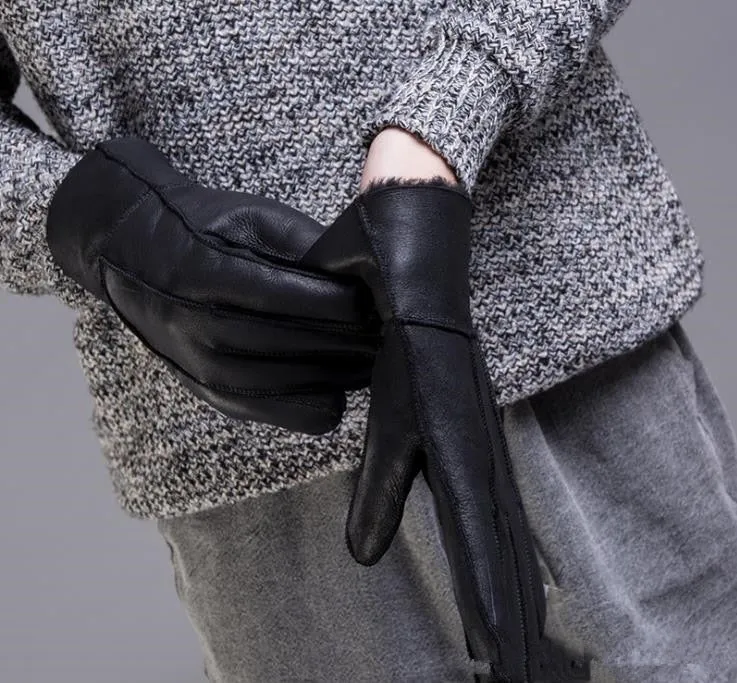 Men's Winter Black Genuine Leather Solid Pattern Glove Mitten