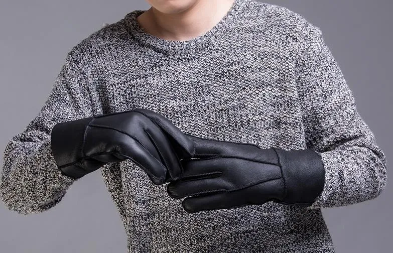 Men's Winter Black Genuine Leather Solid Pattern Glove Mitten