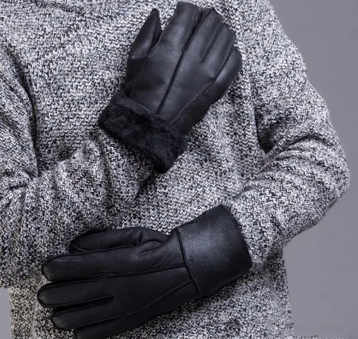 Men's Winter Black Genuine Leather Solid Pattern Glove Mitten