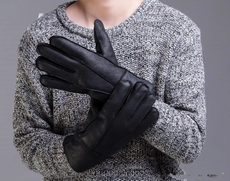 Men's Winter Black Genuine Leather Solid Pattern Glove Mitten