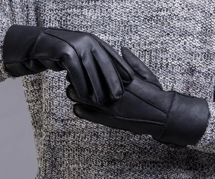 Men's Winter Black Genuine Leather Solid Pattern Glove Mitten