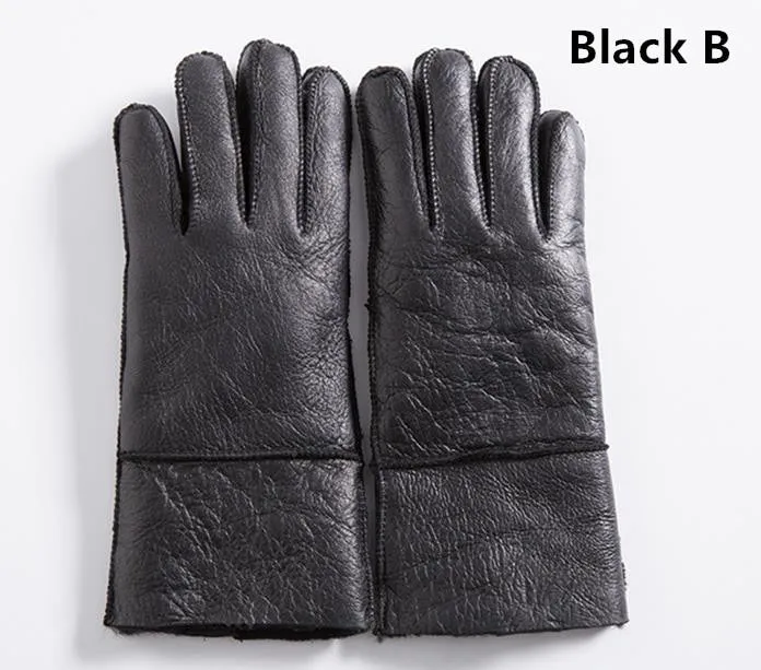 Men's Winter Black Genuine Leather Solid Pattern Glove Mitten