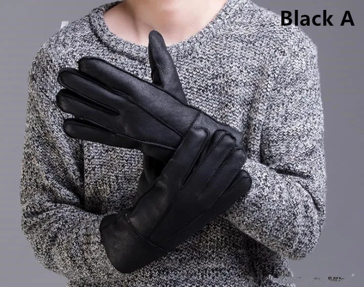 Men's Winter Black Genuine Leather Solid Pattern Glove Mitten