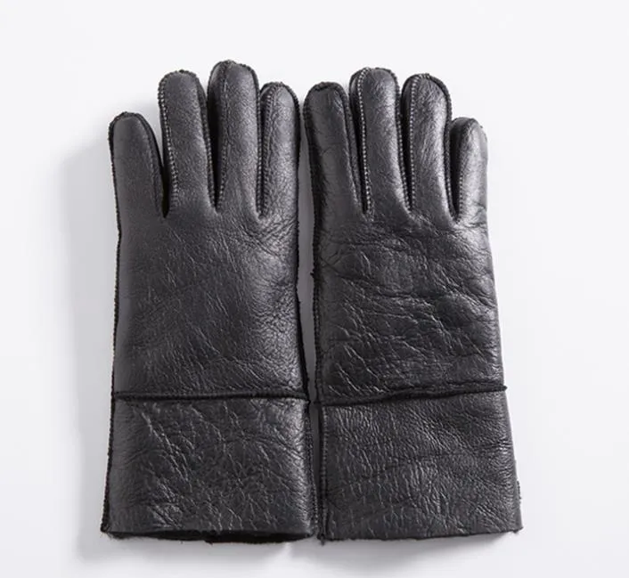 Men's Winter Black Genuine Leather Solid Pattern Glove Mitten