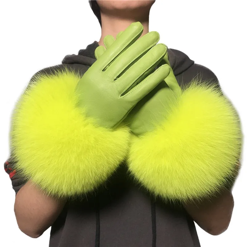 Men's Winter Luxury Style Warm Sheepskin Leather Fox Fur Driving Gloves