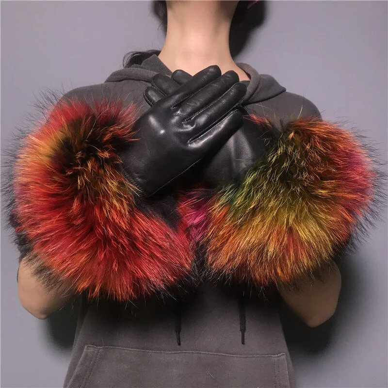 Men's Winter Luxury Style Warm Sheepskin Leather Fox Fur Driving Gloves