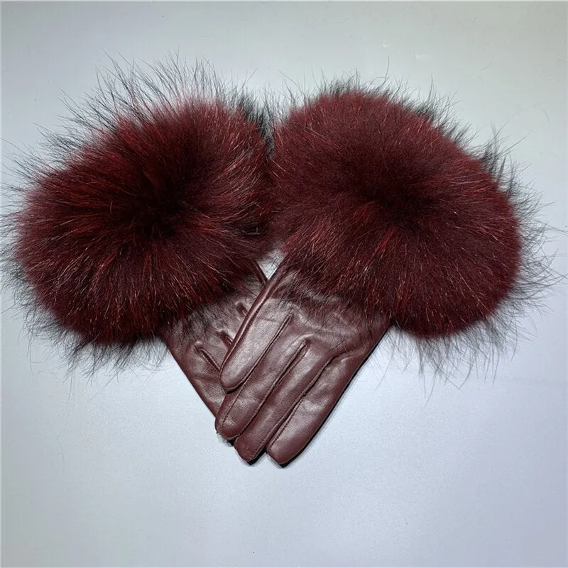 Men's Winter Luxury Style Warm Sheepskin Leather Fox Fur Driving Gloves