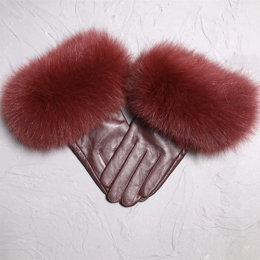 Men's Winter Luxury Style Warm Sheepskin Leather Fox Fur Driving Gloves