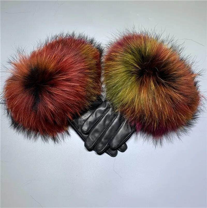 Men's Winter Luxury Style Warm Sheepskin Leather Fox Fur Driving Gloves