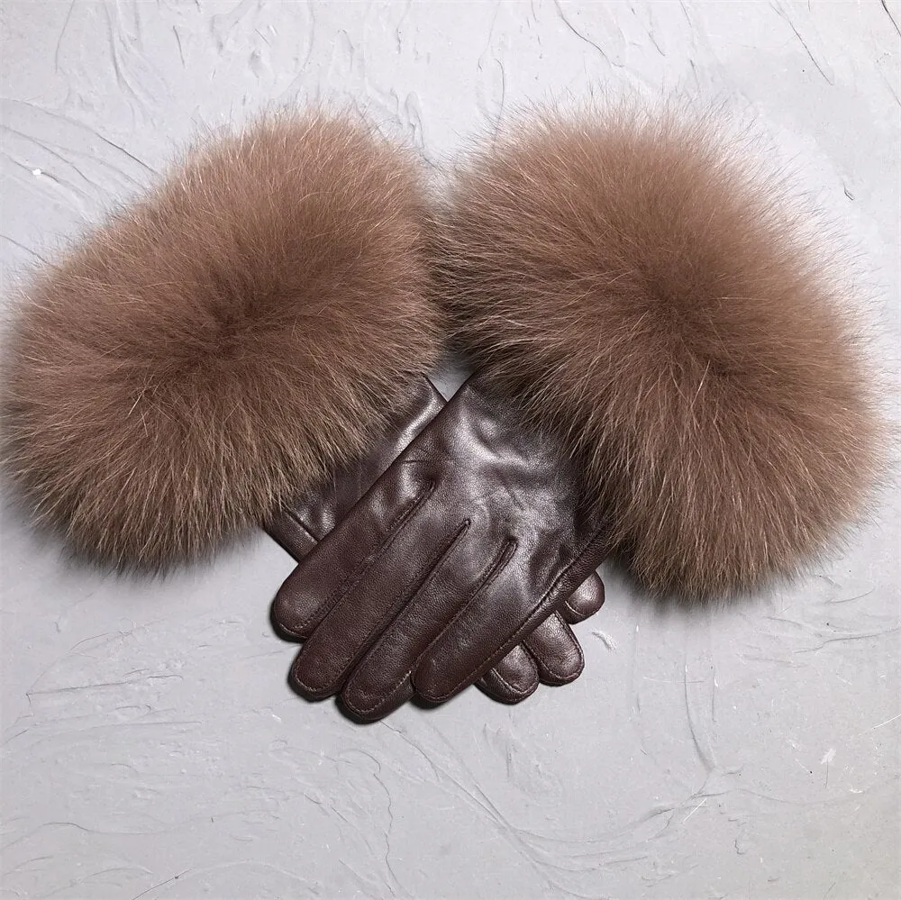 Men's Winter Luxury Style Warm Sheepskin Leather Fox Fur Driving Gloves