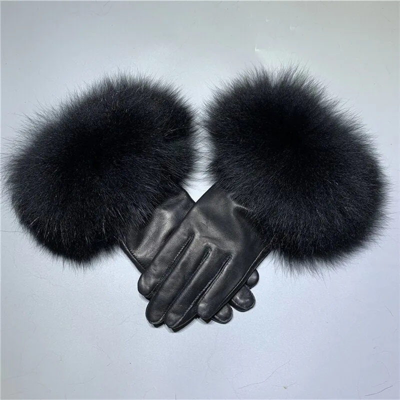 Men's Winter Luxury Style Warm Sheepskin Leather Fox Fur Driving Gloves