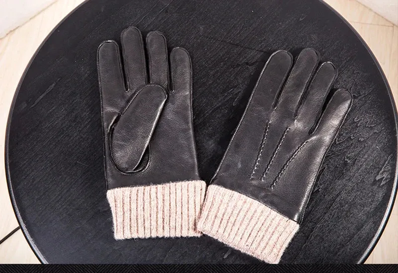 Men's Winter Warm Genuine Sheepskin Leather Windproof Driving Gloves