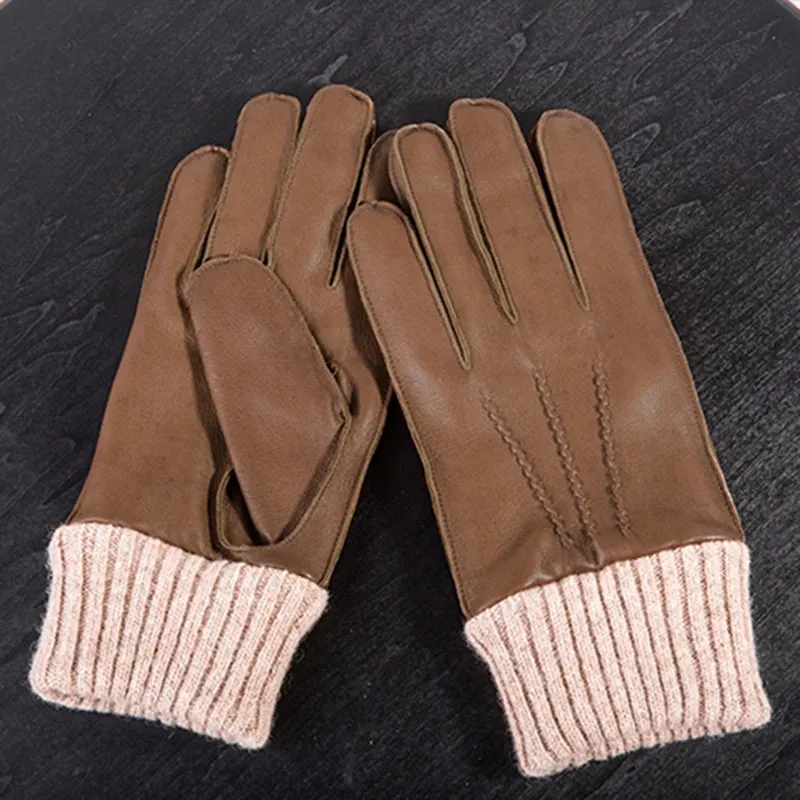 Men's Winter Warm Genuine Sheepskin Leather Windproof Driving Gloves