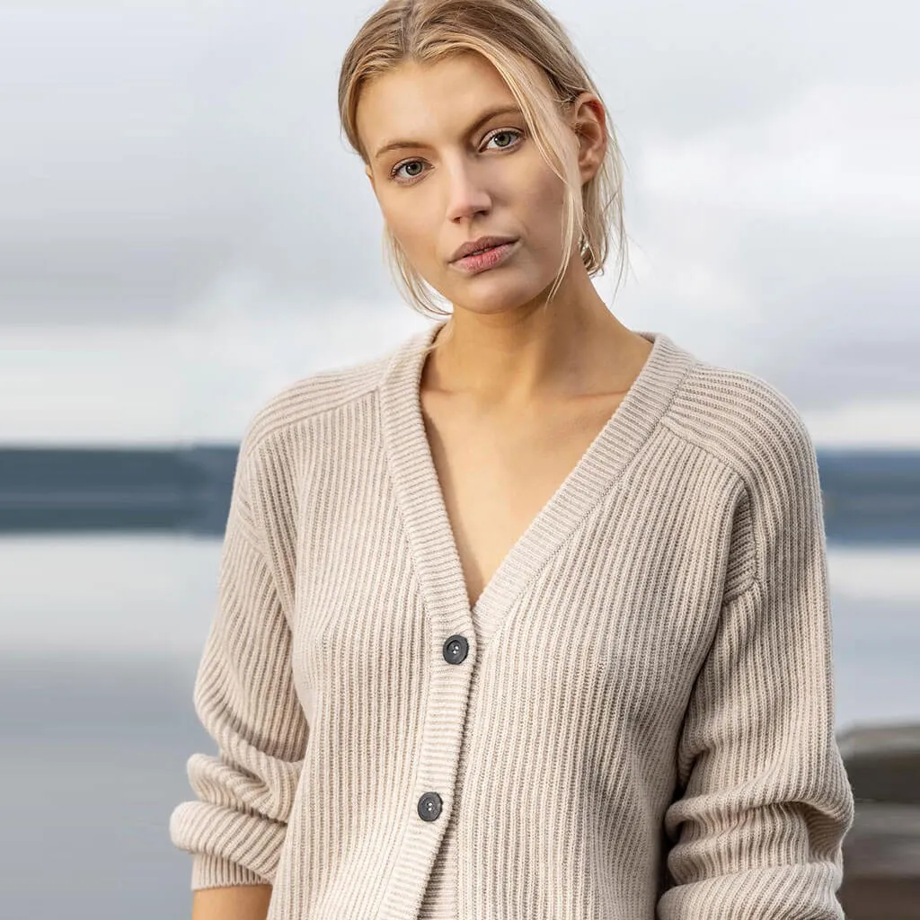 Merino Rib Cardigan - Almond White