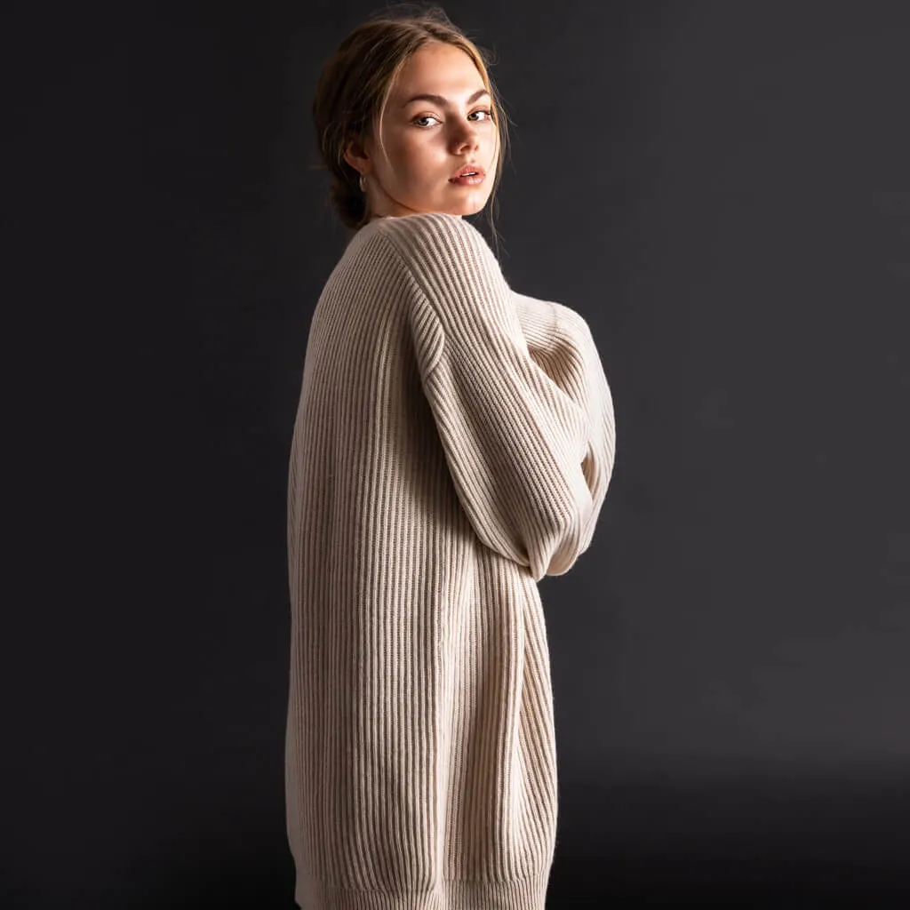 Merino Rib Cardigan - Almond White