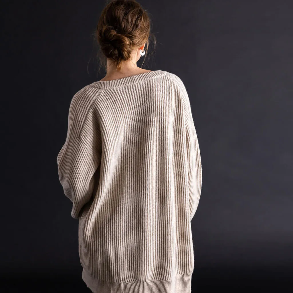 Merino Rib Cardigan - Almond White