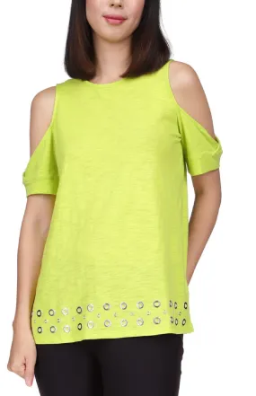 Michael Kors Women's Cotton Cold Shoulder Embellished Hem Top Green Size Large