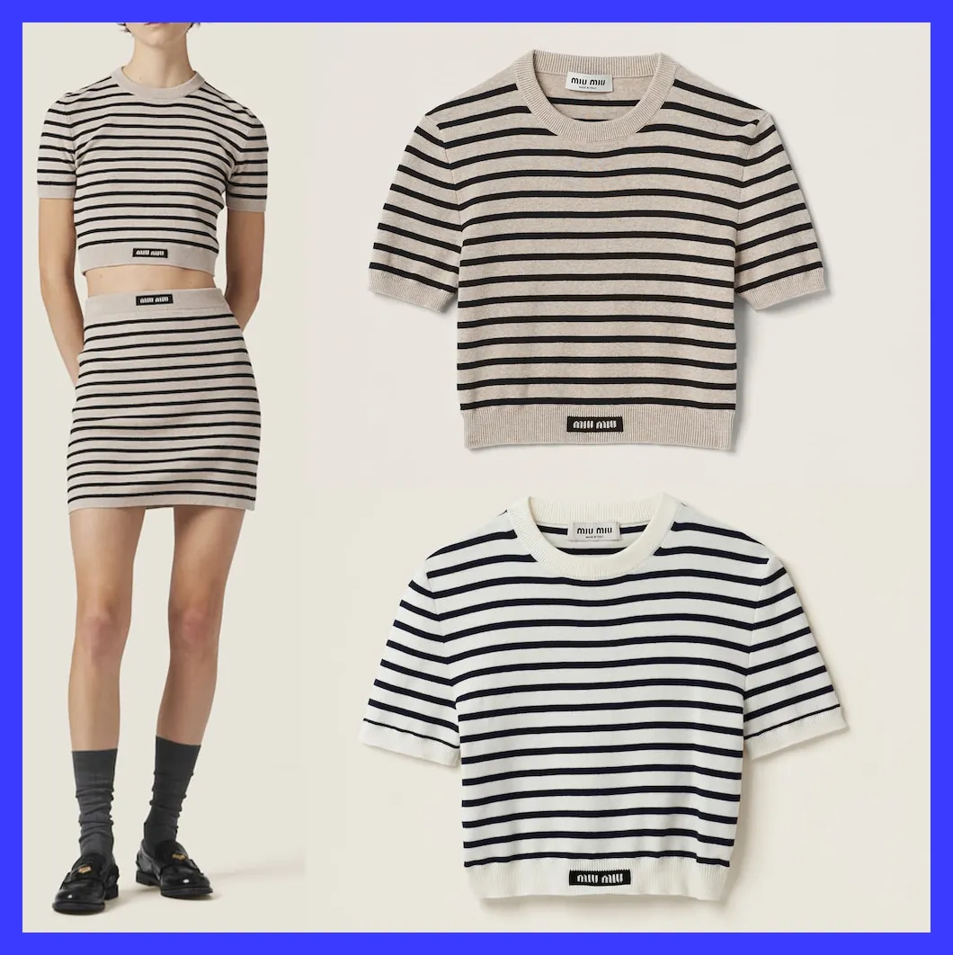 MiuMiu  |Crew Neck Stripes Long Sleeves Plain Cotton Logo