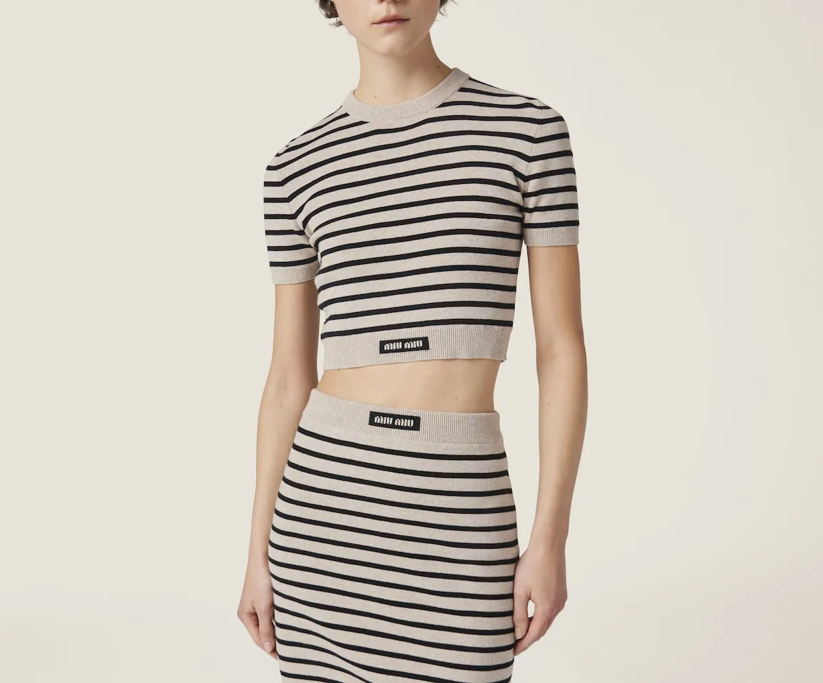 MiuMiu  |Crew Neck Stripes Long Sleeves Plain Cotton Logo